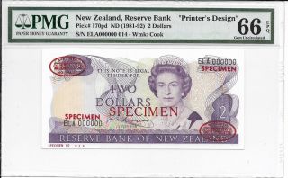 Zealand,  Reserve Bank - $2,  Nd (1981 - 92).  Specimen (tdlr).  Pmg 66epq.  Rare. photo