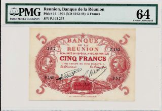 Banque De La Reunion Reunion 5 Francs Nd (1912) Pmg 64 photo