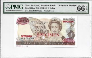 Zealand,  Reserve Bank - $1,  Nd (1981 - 92).  Specimen (tdlr).  Pmg 66epq.  Rare. photo