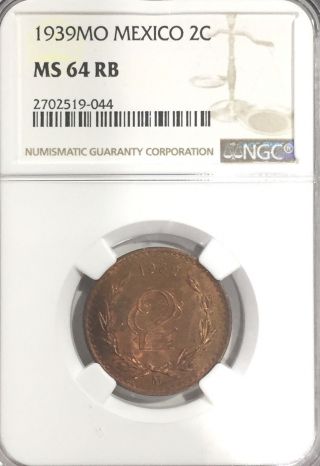 1939 Mo Ms64 Rb Mexico 2 Centavos Ngc 143 Registry Points Scarce Date In Grade photo