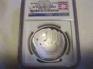 Silver Dollar Early Relases 75th Baseball Hof $1 Coin Pf70 Uc Glove Ngc Card photo