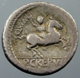 P.  Crepusius,  Apollo,  Sceptre,  Soldier On Horseback,  Denarius,  Silver,  82 Bc photo