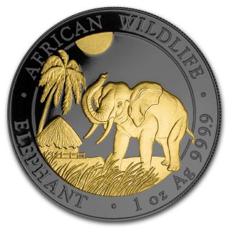 Silver Somalia Elephant 2017 Ruthenium Plated,  Gold Gilded Coin Golden Noir photo
