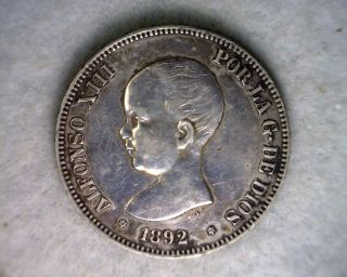 Spain 5 Pesetas 1892 (92) Very Fine Large Silver Coin (stock 0414) photo