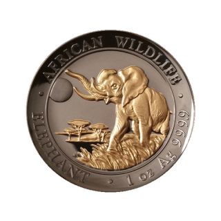 2016 1oz Golden Enigma Somalia Elephant High Relief Silver Coin 24k & Ruthenium photo