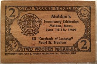6/12 - 18/1949 Malden ' S Tercentenary Malden,  Mass.  Wooden Flat 2 Wooden Nickels photo