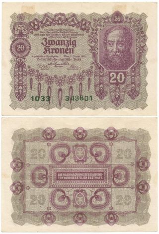 1922 Republic Of Austria Zwanzig Or 20 Kronen Note Post World War I Kronen Issue photo