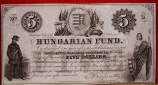 Uncirculated 1852 Obsolete Currency $5 Hungarian Fund Note S/h photo