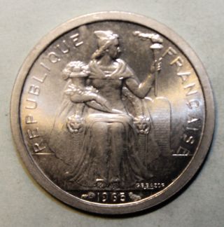 French Polynesia 1 Franc 1965 Brilliant Uncirculated Aluminum Coin - Island photo