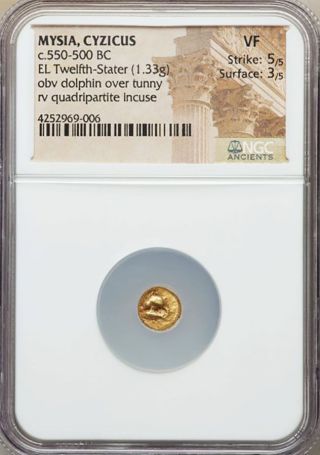 550 - 500 Bc Gold Mysia Cyzicus El 1/12 Stater Dolphin Coin Ngc Very Fine photo