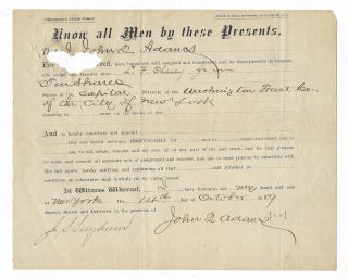 John Q.  Adams 1889 Stock Certificate Jsa Full Letter Of Regret Of Authenticity photo