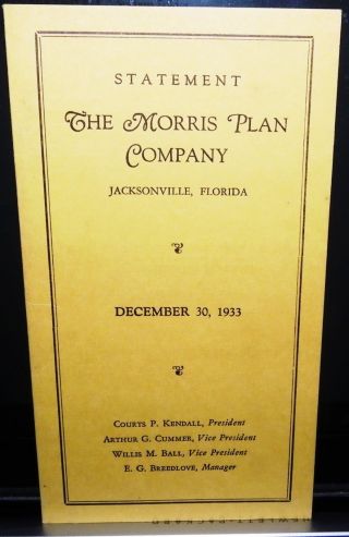 Jacksonville,  Fl 1933 Financial Statement The Morris Plan Company photo