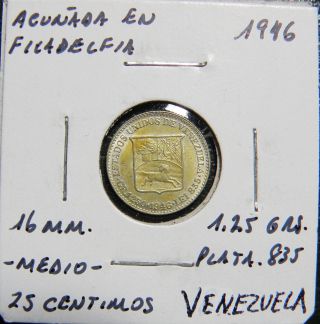 1/4 Bolivar Gram 1.  25 1946 Venezuela Silver Coin Choice Unc photo
