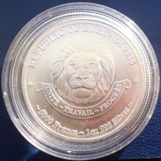 . 999 Silver 2015 Burundi 5000 Francs 1 Oz African Lion Gem Bu Low Mintage 50k photo