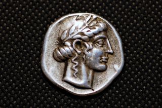 Greece Silver.  V Century Bc.  Aeontinon City.  Head Of Apolon.  Museum Res.  Coin photo