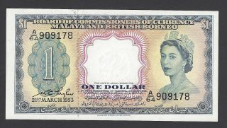 Malaya And British Borneo Currency 1 Dollar 1953 P1a Aunc - Unc photo