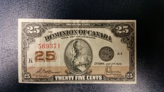 1923 Dominion Of Canada 25 Cent Paper Note.  Mccarvour&saunders Signatures.  Vfc photo