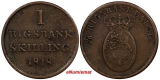 Denmark Frederik Vi Copper 1818 Rigsbank Skilling 1 Year Type Km 688 photo