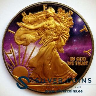 Silver American Eagle Coin Ruthenium Plated,  Colorized And Gold Gilded Universe photo
