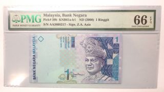 Malaysia $1 One Dollar Satu Ringgit Banknote 2000,  First Prefix ' Aa ',  Pmg 66 Epq photo