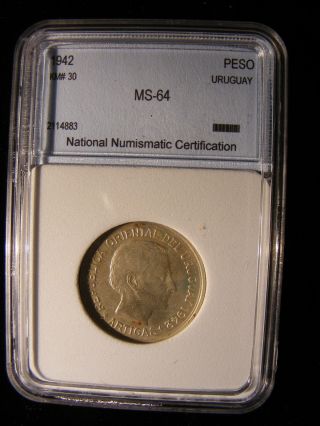 Uruguay Silver 1 Peso,  1942,  Xf photo
