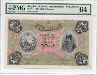 Kingdom Of Persia,  Imperial Bank - 20 Tomans,  1897.  Specimen.  Pmg 64.  Very Rare. photo