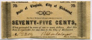 City Of Richmond,  Viriginia 14.  4.  1862 75 Cents Scrip Ch Au photo