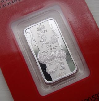 Solid Silver Bar 10 Gram 2012 Year Of Dragon Pamp Suisse Assay Card Bu photo
