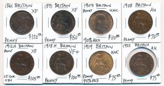 (1861 - 1922) Eight British Pennies Much Better Quality photo