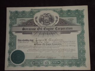 1922 Syracuse Oil Engine Corporation Old Stock Certificate 36 Shares photo