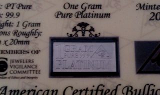 Acb Solid Platinum Pt Bullion 1 Gram Bar 9.  99 With Certificate Of Authenticity photo