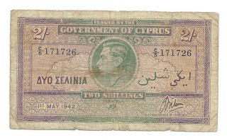 Cyprus 1942 Two Shillings Banknote,  Serial Number: C/5 171726.  Very Scarce, photo