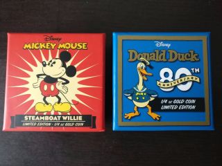 2014 Niue 1/4 Oz Proof Gold $25 Disney Steamboat Willie And Donald Duck (2 Coin) photo