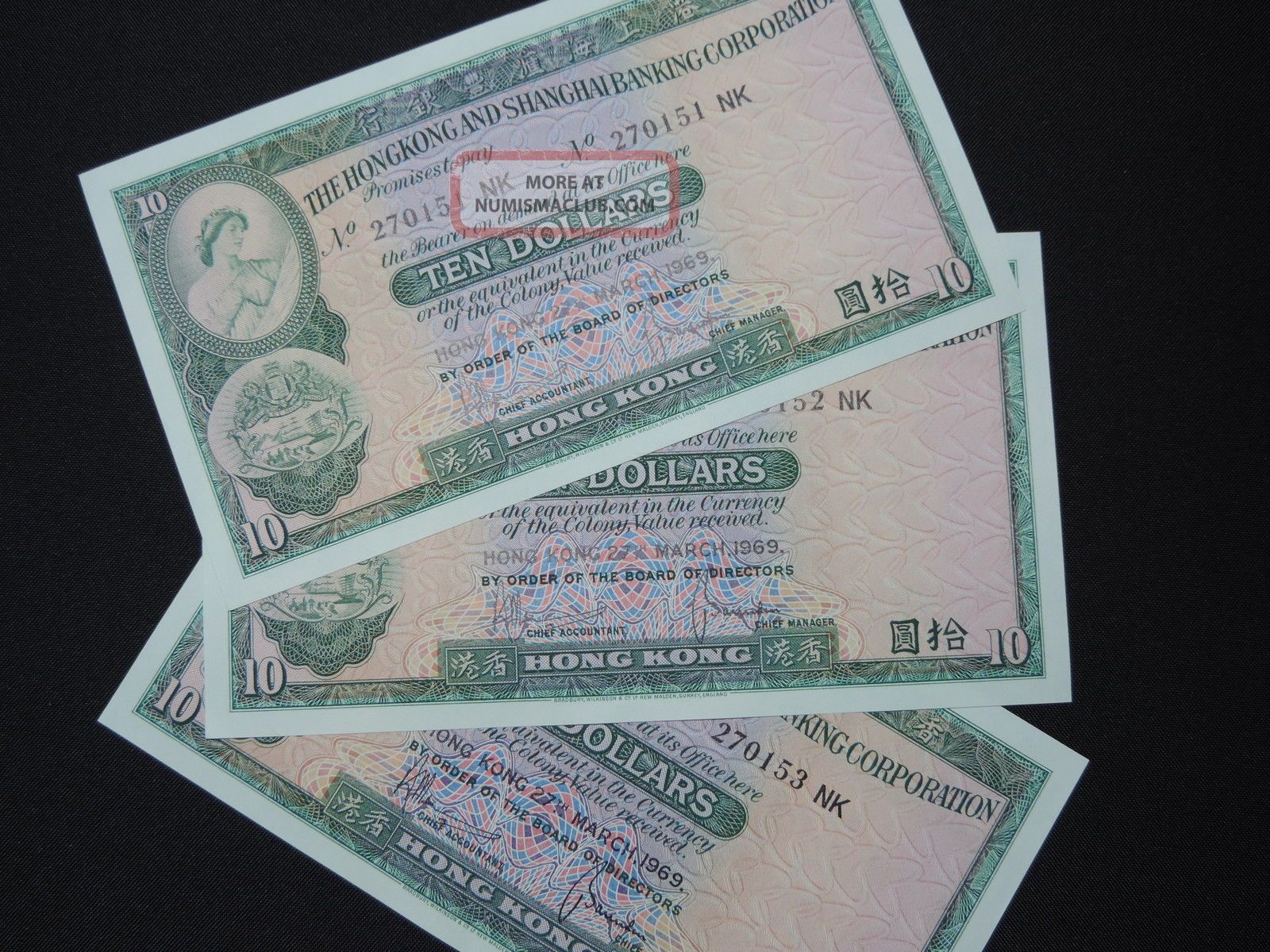 X3 27th March,  1969 10 Hong Kong Dollar Bank Note Hsbc Consecutive 270151 - 53 Au Asia photo