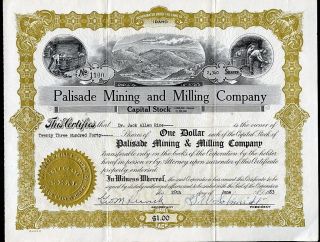 Palisade Mining And Milling Company Coeur D ' Alene Idaho 1953 Stock Certificate photo