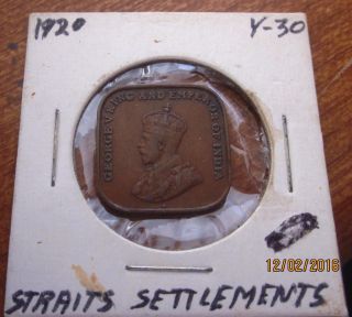 1920 Straits Settlements 1 Cent Coin George V Vintage 