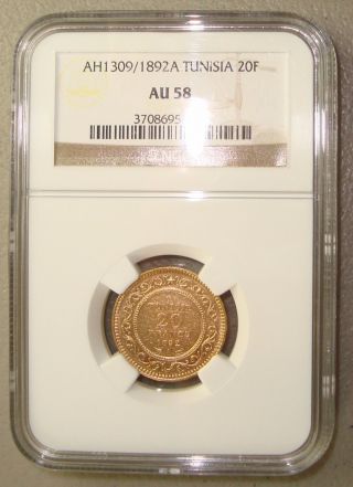 1892a French Protectorate,  Tunisia Gold 20 Francs Ngc Au58 photo