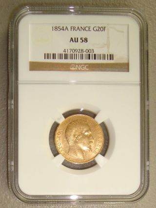 1854a Napoleon Iii French Gold 20 Francs Ngc Au58 photo