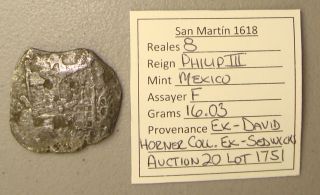 1618 San Martin Shipwreck Recovered Mexico,  Assayer F Silver 8 Reales Cob Coin photo