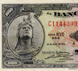 Mexico 1973 $1000 Pesos Cuauhtemoc Serie Bdv (c1144393) Banknote photo