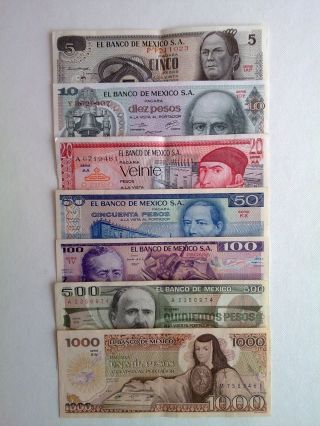 Mexico Peso Banknote Series 5,  10,  20,  50,  100,  500,  1000 Cir.  Bdm photo
