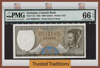 Tt Pk 124 1963 Suriname Centrale Bank 1000 Gulden Pmg 66 Epq Gem Uncirculated photo