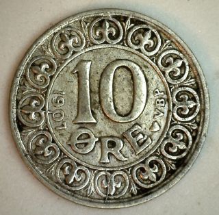 1907 Silver Denmark 10 Ore Coin Currency Xf photo