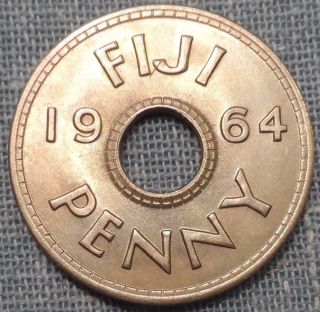 1964 Fiji One 1 Penny Coin Unc With Toning photo