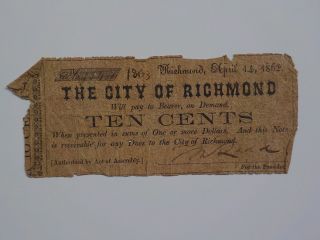 Civil War Confederate 1862 10 Cents Note Richmond Virginia Paper Money Currency photo