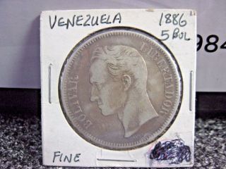 1886 Venezuela 5 Bolívares.  900 Silver Coin photo