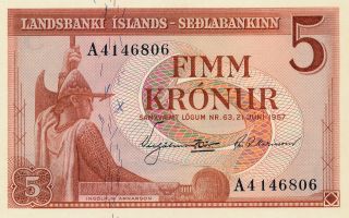 Banknote Sedlabanki Islands Iceland 5 Kronur 1957 Gem Unc photo