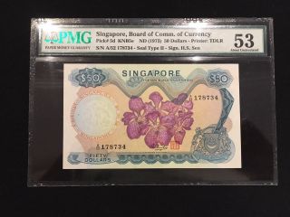 Singapore P - 5d Nd (1973) 50 Dollar Flower Serie Pmg 53.  Very Fresh Note photo