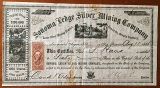1866 Sonoma Ledge Silver Mining Co.  Stock - $6,  000 Face - Nevada Territory photo