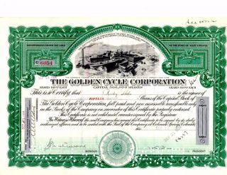 Stock Certificate: Golden Cycle Corporation,  1936 photo